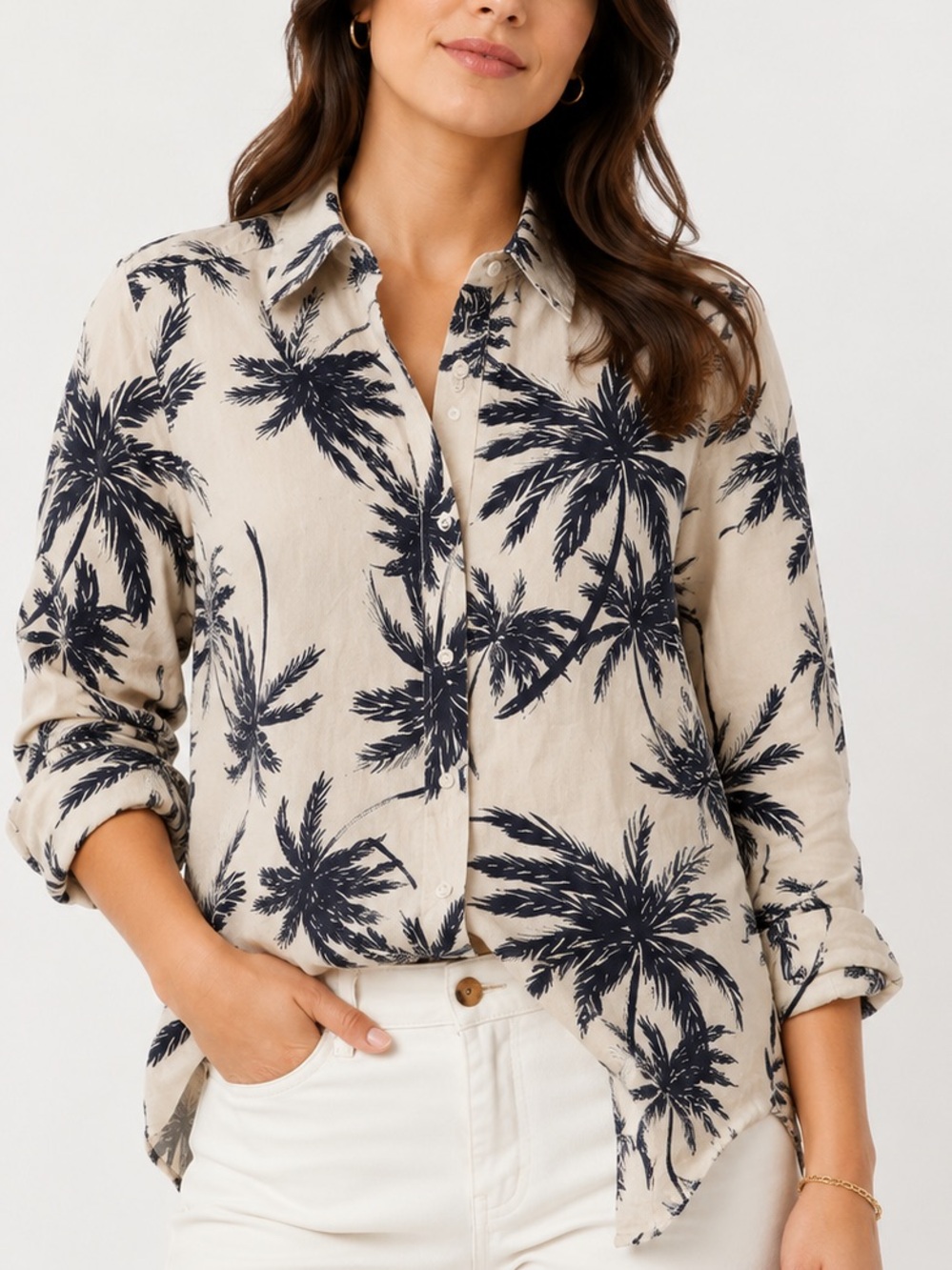 Hartford Cream and Navy Palm-Print Button Shirt